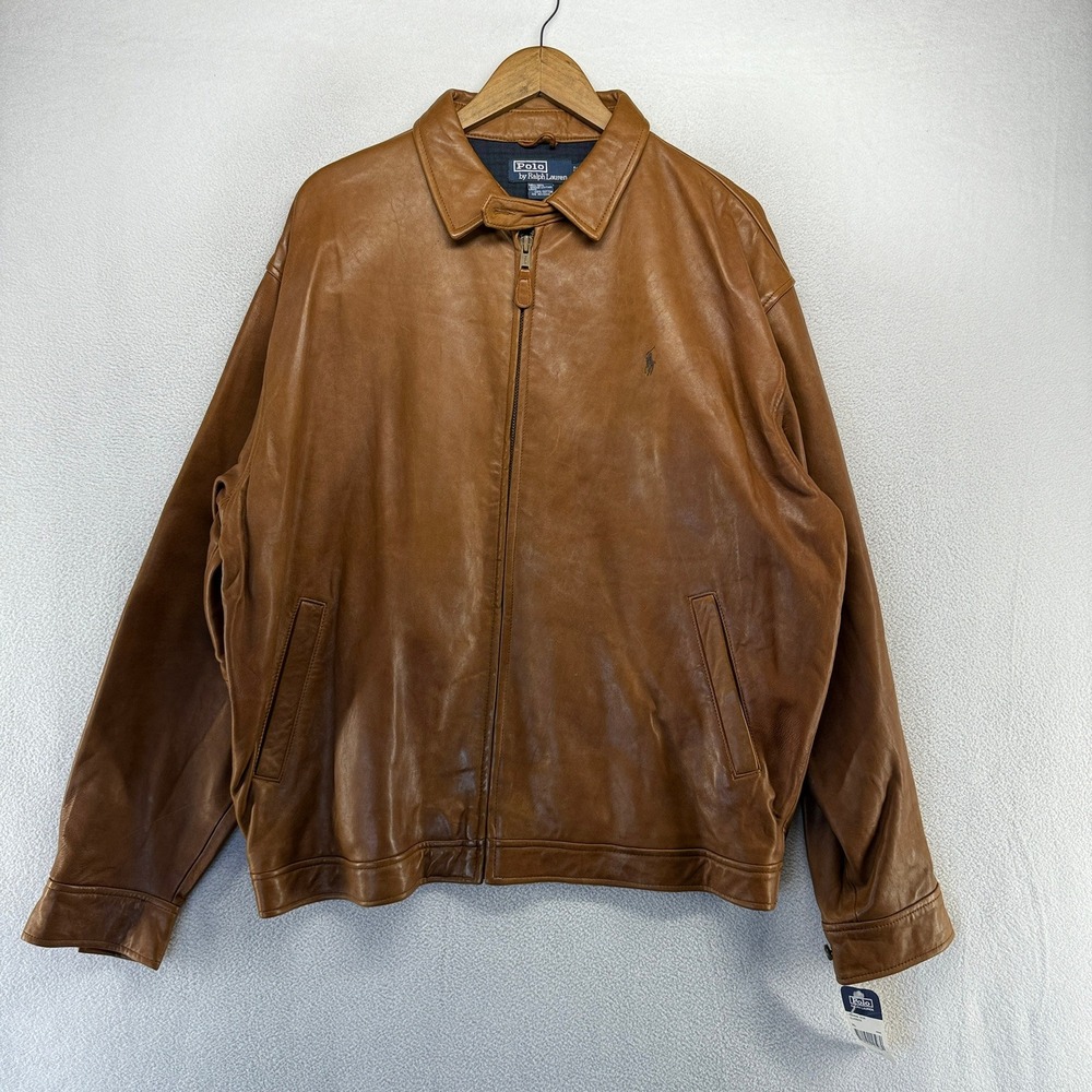 Vintage Ralph Lauren Leather Jacket Mens XL Brown Butter Bomber Tartan Deadstock